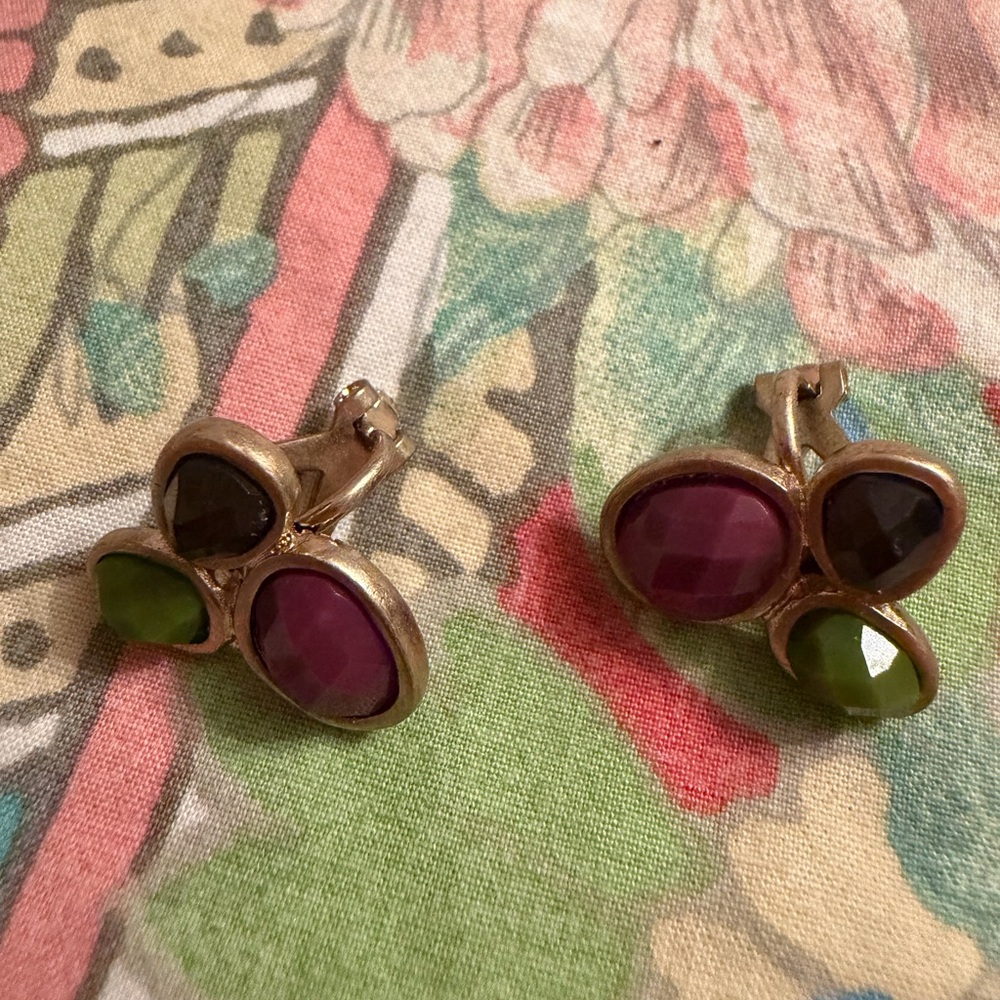 Elegant Gold Earrings with Multicolor Stones TS TAXCO Mexico Clip Ons
